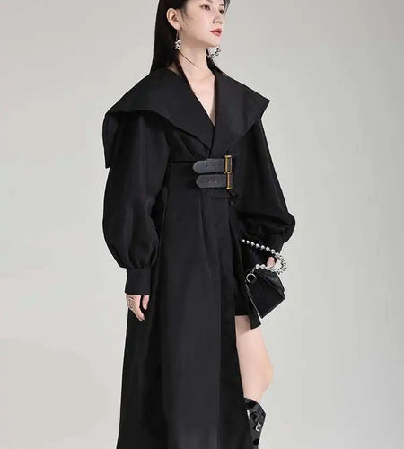 Women Black Irregular Shirt Dress New Lapel Lartern Long Sleeve Belt Waist Loose Fashion Tide Spring Autumn 2025 1DH2257