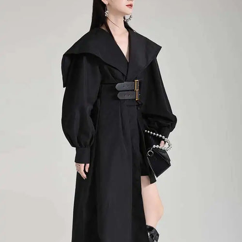 Load image into Gallery viewer, Women Black Irregular Shirt Dress New Lapel Lartern Long Sleeve Belt Waist Loose Fashion Tide Spring Autumn 2025 1DH2257

