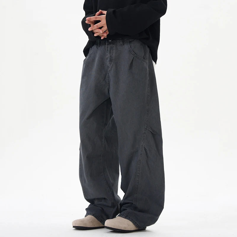 Men's Causal Pants New American Style Washed Design Pleated Curved Knife Trendy Male Loose Wide Leg Trousers Summer 9W1901