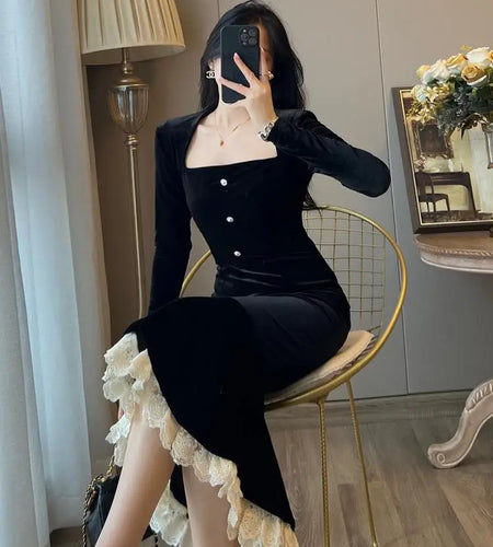 French Black Lace Patchwork Square Neck Wrap Hip Fishtail Dress Autumn Women Vintage Slim Evening Party Velvet Long Dresses 2023