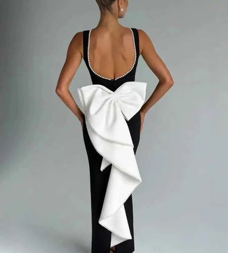 Elegant Pearl Bow Backless Sexy Maxi Dress Women Gown Fashion Sleeveless High Waist A-line Club Party Long Dress