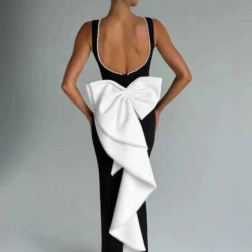 Load image into Gallery viewer, Elegant Pearl Bow Backless Sexy Maxi Dress Women Gown Fashion Sleeveless High Waist A-line Club Party Long Dress
