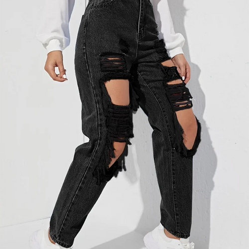 Load image into Gallery viewer, Black Jeans For Women High Waist Highwaist Holes Denim Patchwork Button Casual Loose Wide Leg Pants Female Autumn
