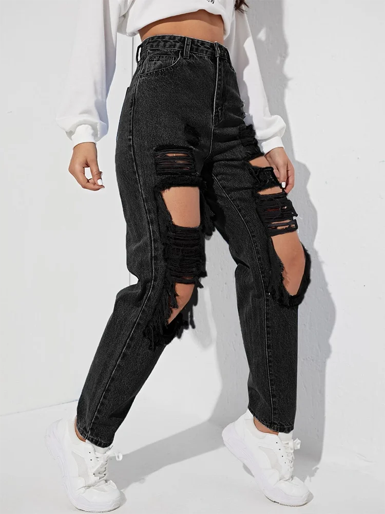 Black Jeans For Women High Waist Highwaist Holes Denim Patchwork Button Casual Loose Wide Leg Pants Female Autumn