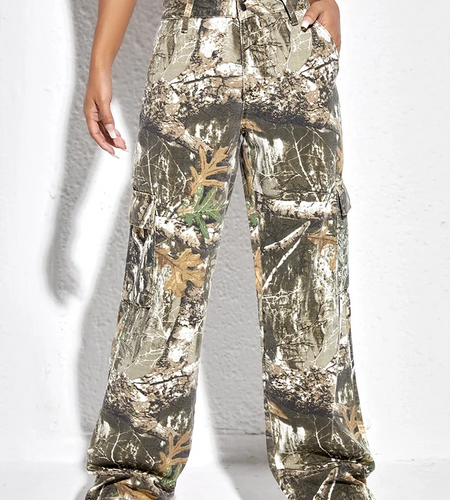 Camouflage Denim Trousers For Women Hihg Waist Patchwork Button Casual Loose Wide Leg Pants Female Fashion Clothes