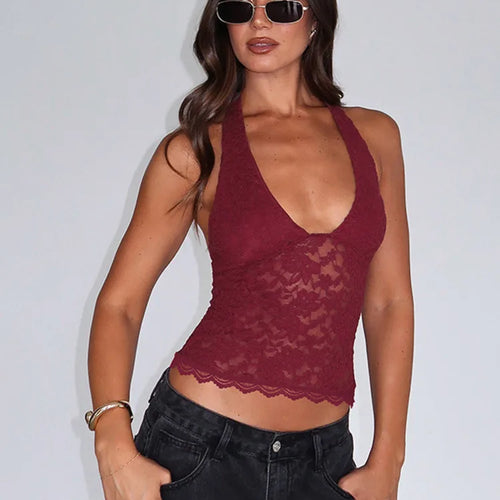 Load image into Gallery viewer, Halter Sleeveless Sexy Crop Tops Women Fashion Deep V Neck Backless Tank Tops Female Elegant Club Skinny Lace Top
