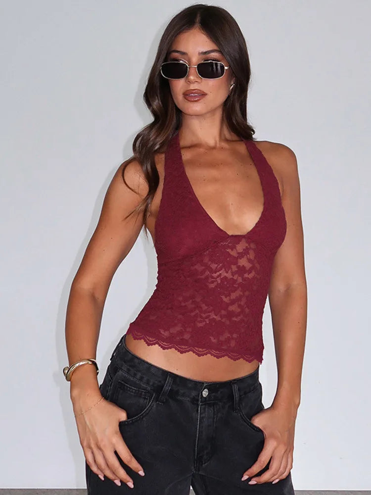 Halter Sleeveless Sexy Crop Tops Women Fashion Deep V Neck Backless Tank Tops Female Elegant Club Skinny Lace Top