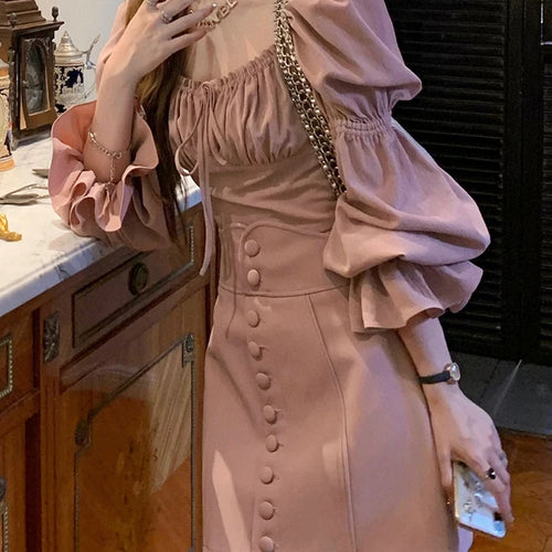 Load image into Gallery viewer, Pink Slim Two Piece Sweet Women&#39;s Blouse Autumn High Street Puff Sleeve Lace-up Pure Color Buttons Fashion Female Blouses
