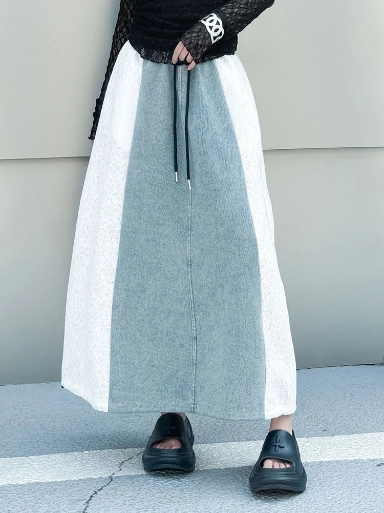 High Elastic Waist Black Denim Lace Color-block A-line Half-body Skirt Women Fashion Tide New Spring Autumn 2025 1DJ0847