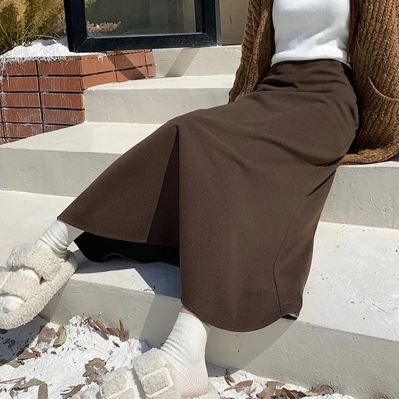 Korean Chic Women's Black Temperament Vacation Knitted Long Skirt Autumn Winter Brown High Waist Skirts Fashion Simplicity Trend