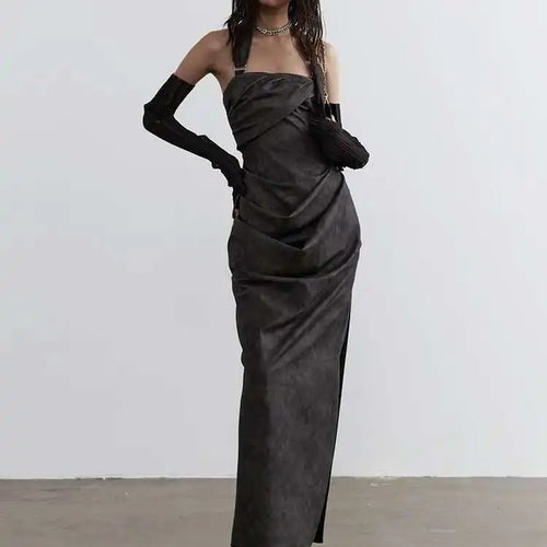 Load image into Gallery viewer, Women Gray Shaped Pleated Pu Leather Long Elegant Strapless Dress New Sleeveless Fashion Tide Spring Autumn 2025 1DH4724
