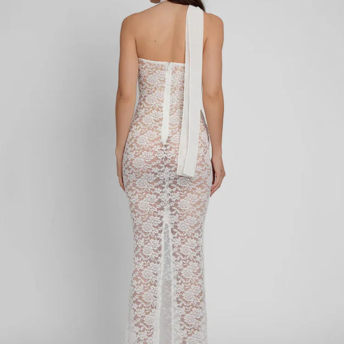 Load image into Gallery viewer, Lace See Through Sexy Midi Dress For Women Fashion Off-shoulder Strapless Sleeveless Backless Bodycon Club Party Dress
