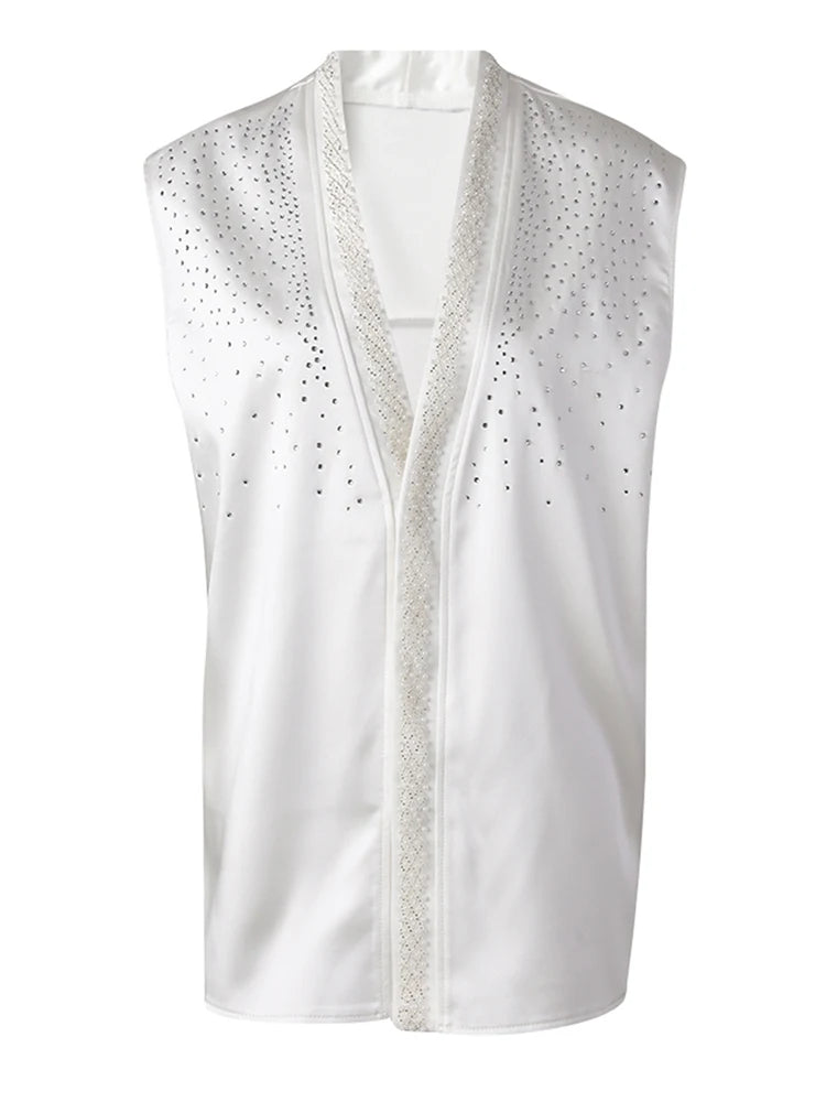 Women Pearl Nailed Rhinestones Elegant Big Size Blouse New V-neck Sleeveless Shirt Fashion Tide Spring Summer 2025 CPG306
