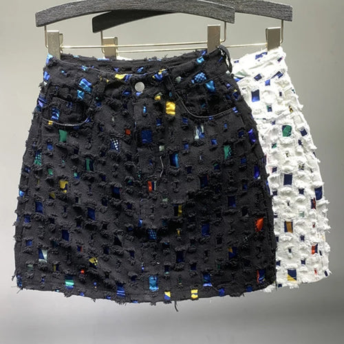 Load image into Gallery viewer, Designer Patchwork Hole Denim Skirts For Women High Waist Spliced Print Slim Skirt Summer Female Fashion Clothing
