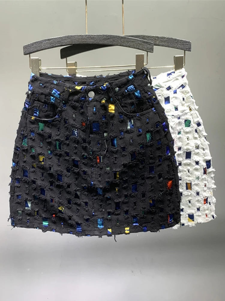 Designer Patchwork Hole Denim Skirts For Women High Waist Spliced Print Slim Skirt Summer Female Fashion Clothing