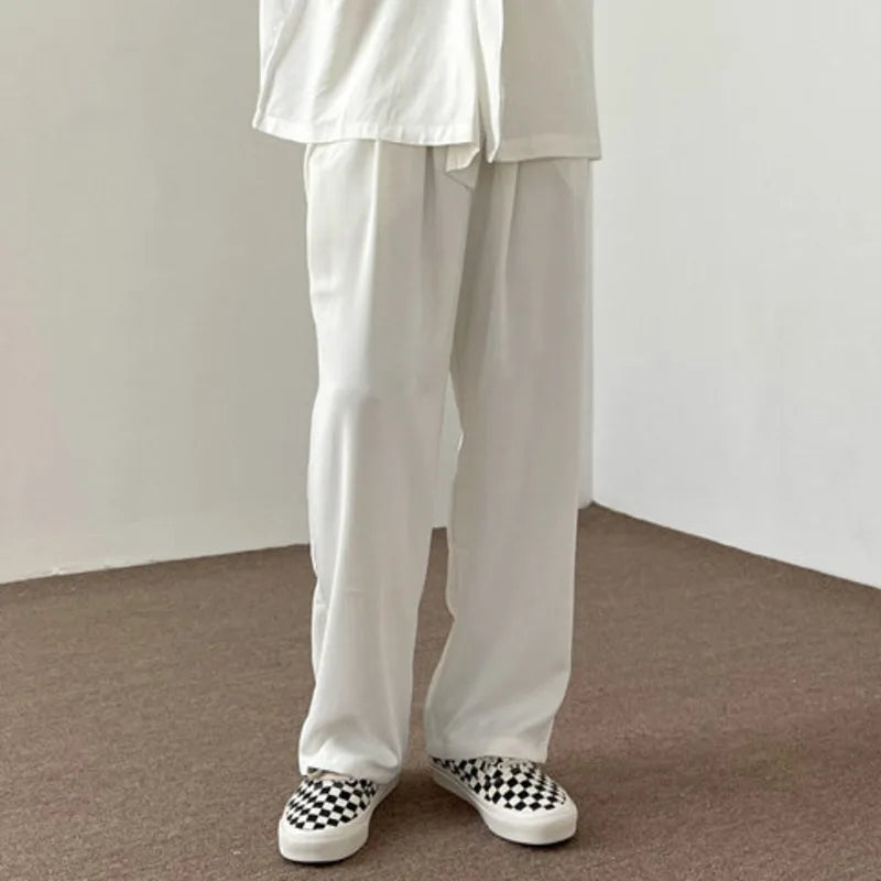 Spring Elastic Waist Casual Pants Solid Color Men Loose Wide Leg Simple Design Trousers 2025 Trendy Male Bottoms 28W3844