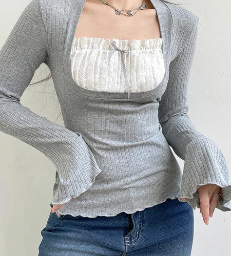 Korean Fashion Lace Patched Frill Long Sleeve Female T-shirt Bow Spring Y2K Top Casual Korean Tee Pullover Sweat Chic