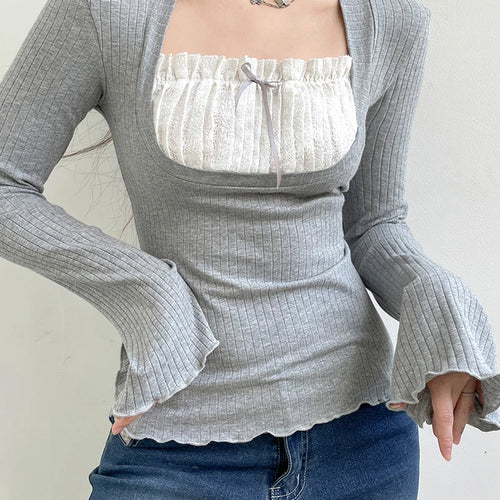 Load image into Gallery viewer, Korean Fashion Lace Patched Frill Long Sleeve Female T-shirt Bow Spring Y2K Top Casual Korean Tee Pullover Sweat Chic
