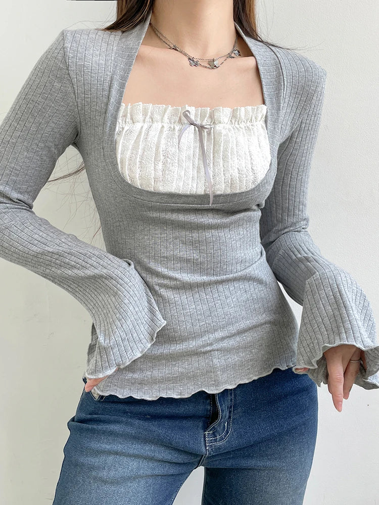 Korean Fashion Lace Patched Frill Long Sleeve Female T-shirt Bow Spring Y2K Top Casual Korean Tee Pullover Sweat Chic