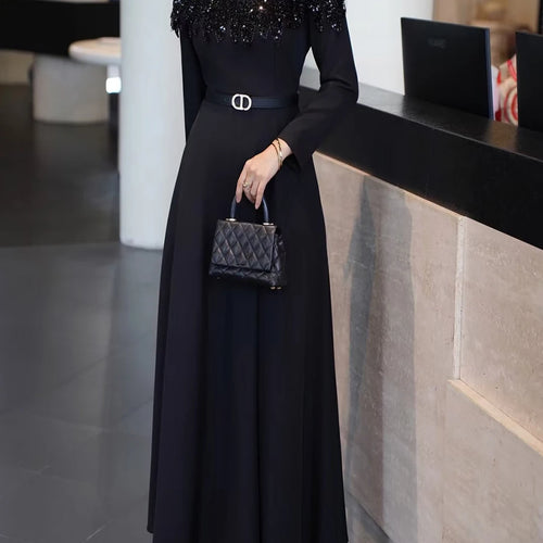 Load image into Gallery viewer, Hit Color Spliced Sequins Elegant Dresses for Women Round Neck Long Sleeves Patchwork Belt Dress Female Clothes New
