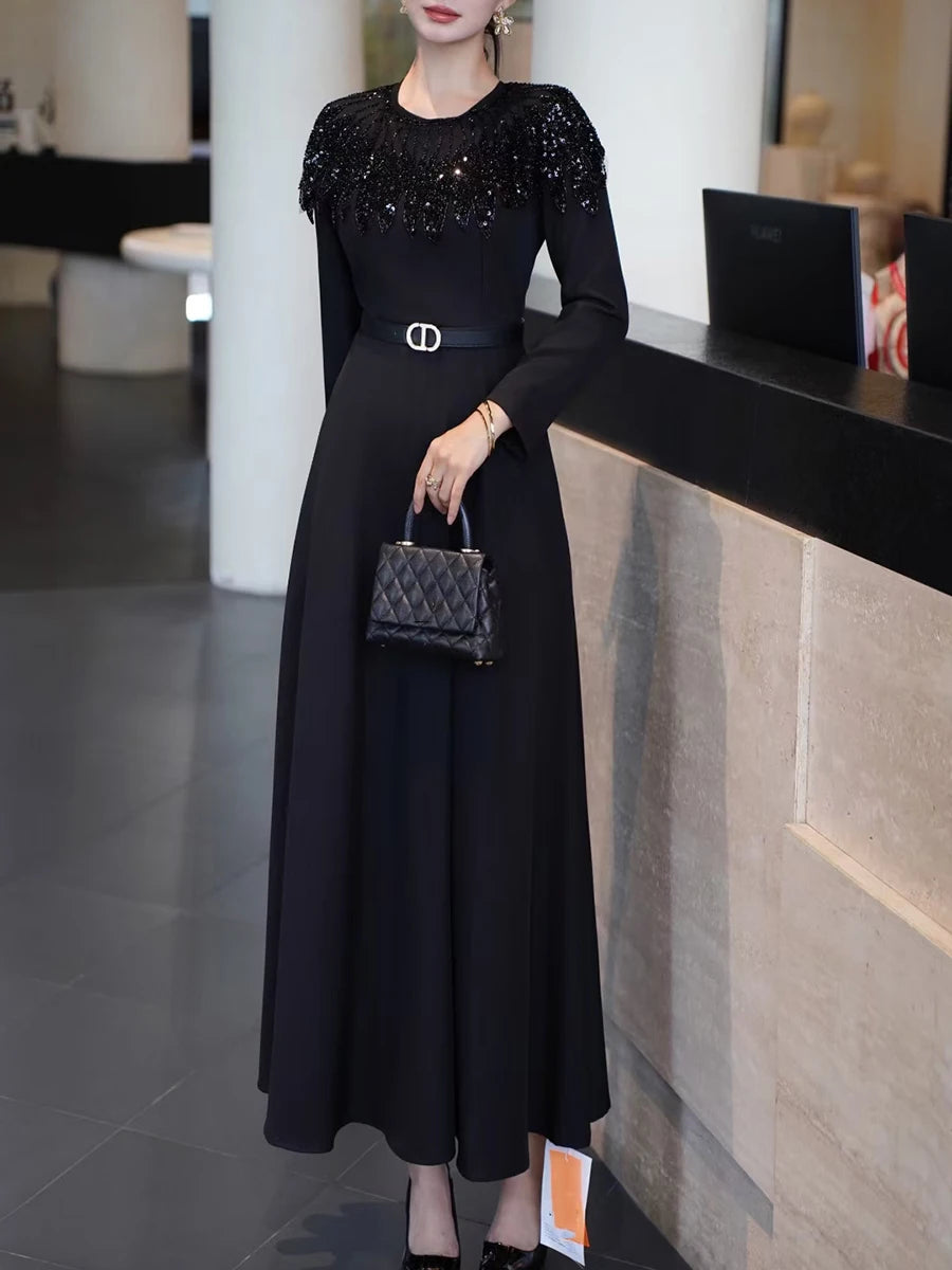 Hit Color Spliced Sequins Elegant Dresses for Women Round Neck Long Sleeves Patchwork Belt Dress Female Clothes New