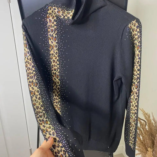 Load image into Gallery viewer, Rhinestones Leopard Turtleneck Sweaters Autumn Winter Wool Blend Bottoming Tops Long Sleeve Slim Female&#39;s Clothing B-011
