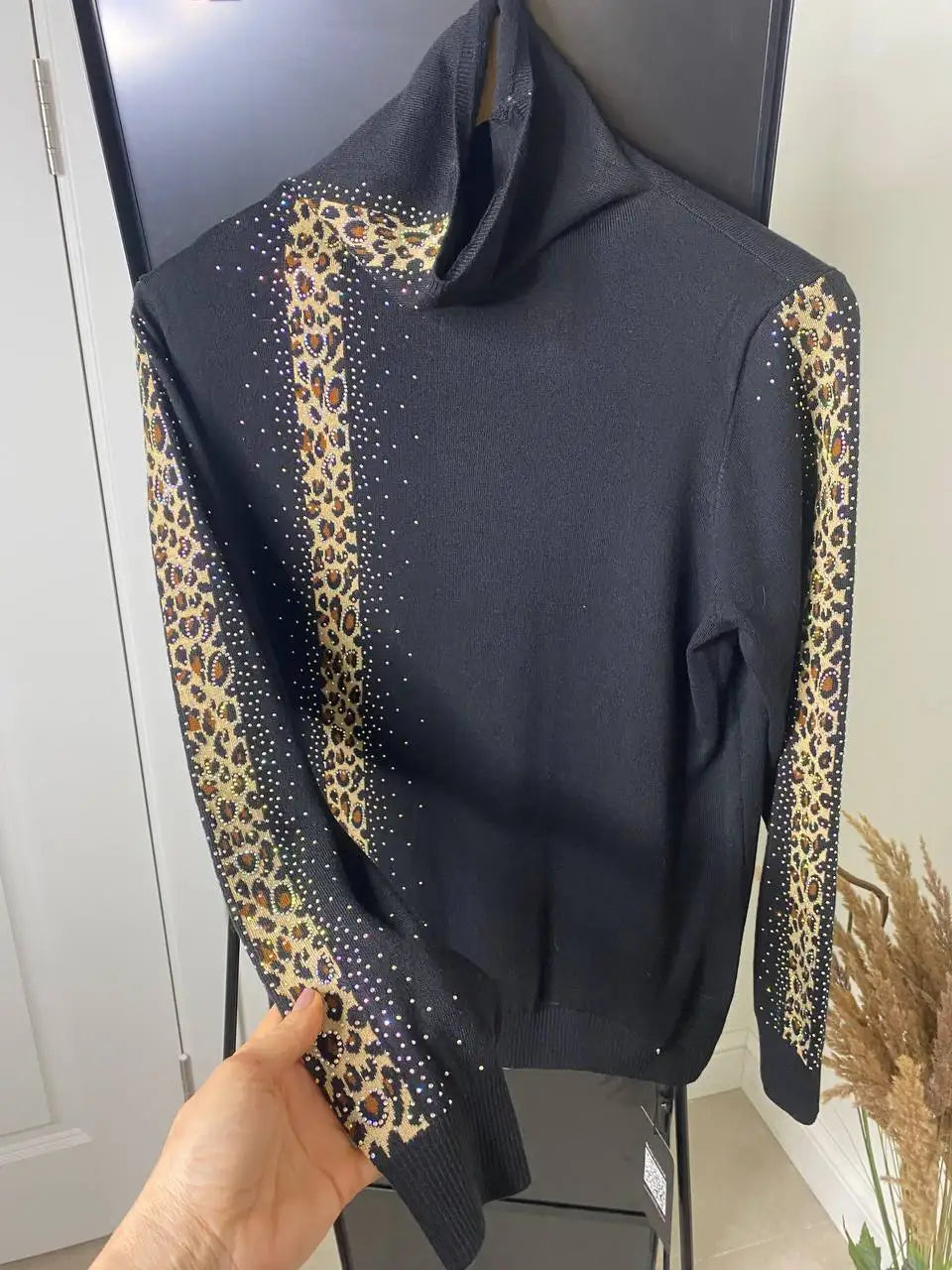 Rhinestones Leopard Turtleneck Sweaters Autumn Winter Wool Blend Bottoming Tops Long Sleeve Slim Female's Clothing B-011