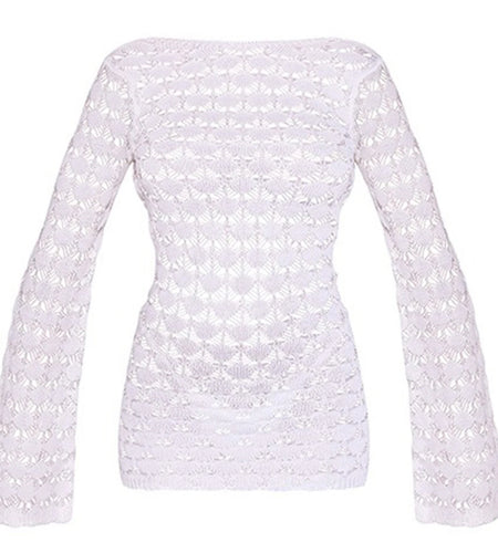 Backless Hollow Out Long Sleeve Crochet Knitted Tunic Beach Cover Up Cover-ups Beach Dress Beach Wear Beachwear Female V6094
