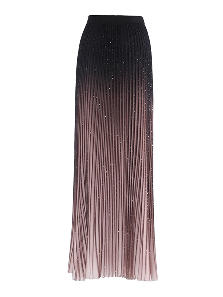 Colorblock Ombre Patchwork Diamonds Elegant Skirts For Women High Waist Spliced Pleated Slimming Skirt Female