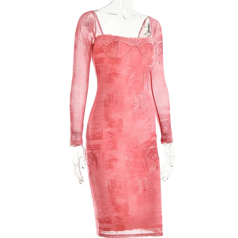 Square Collar Long Sleeve Print Sexy Midi Dress Women Autumn Winter New Bodycon Long Dresses Elegant Club Party Dress