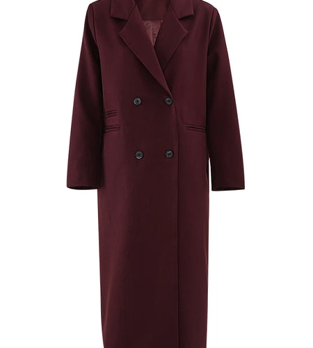 Women Wine Red Double Breasted Big Size Long Blazer New Lapel Long Sleeve Jacket Fashion Tide Spring Autumn 2025  2DB1253