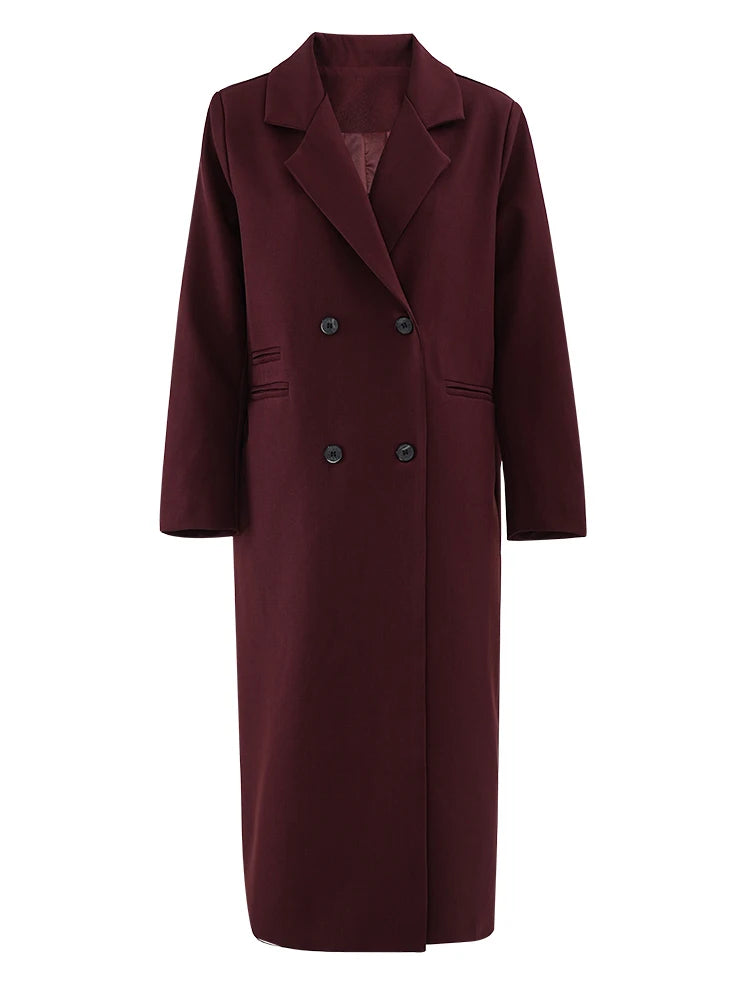 Women Wine Red Double Breasted Big Size Long Blazer New Lapel Long Sleeve Jacket Fashion Tide Spring Autumn 2025  2DB1253