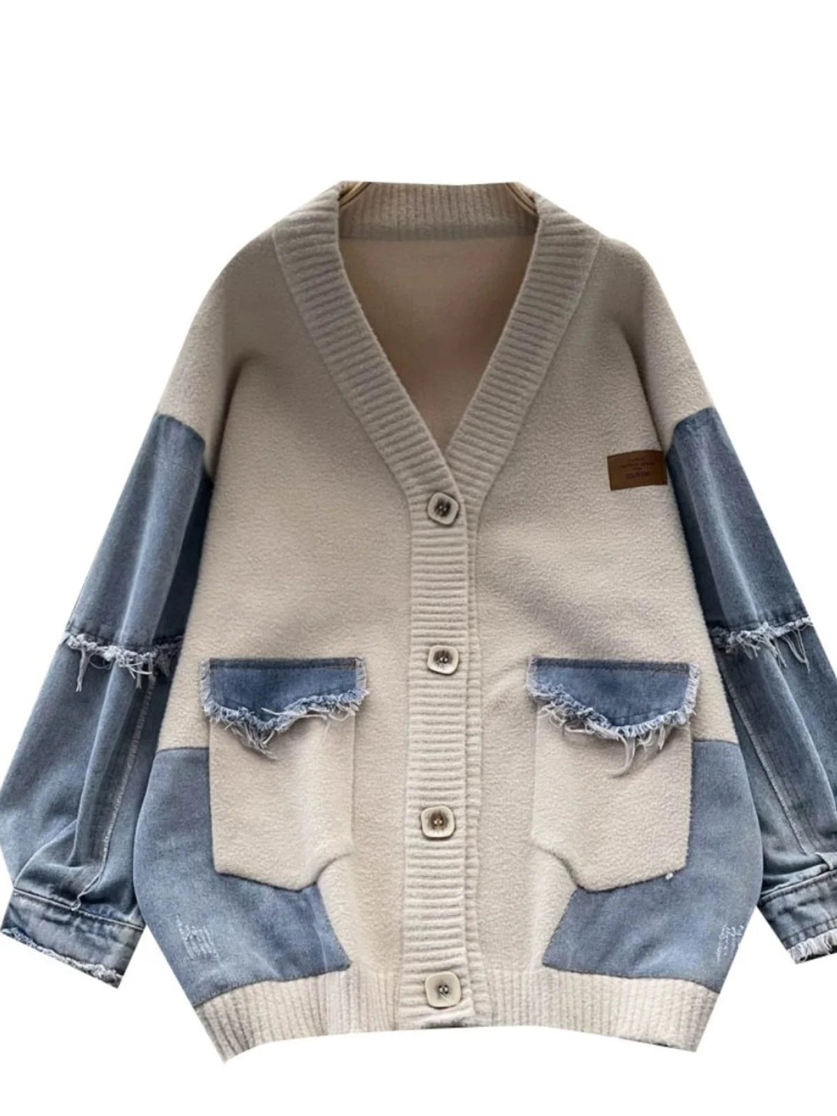 Korean Vintage Beige Patchwork Denim Single Breasted Knit Cardigan Sweater Autumn Winter Women New V Neck Long Sleeve Tops Trend