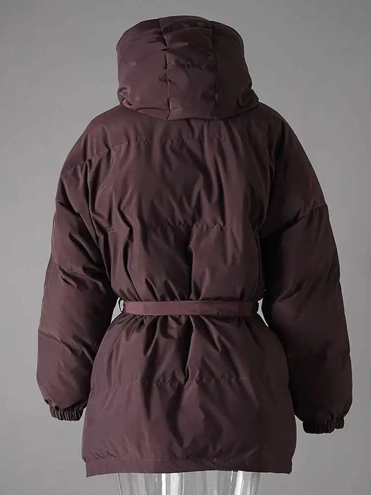 Wine Red Belted Big Size Warm Cotton-padded Coat Long Sleeve Women Parkas Fashion Tide New Autumn Winter 2025 2AA4243