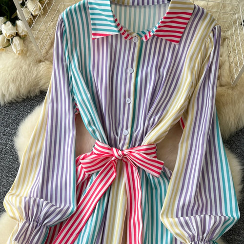 Load image into Gallery viewer, Vintage Women's Rainbow Striped Single Breasted Bow Bandage Long Dress Autumn Vacation Long Sleeved Shirt Dress Casual Clothing
