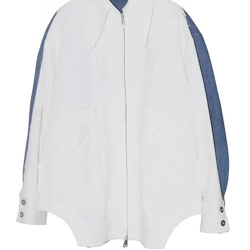 Load image into Gallery viewer, White Color-bock Denim Burr Big Size Jacket New Lapel Long Sleeve Women Coat Fashion Tide Spring Autumn 2025 1DF302400
