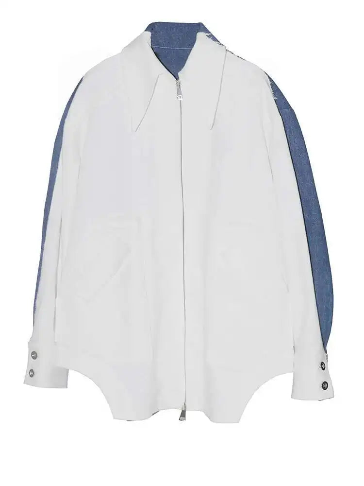 White Color-bock Denim Burr Big Size Jacket New Lapel Long Sleeve Women Coat Fashion Tide Spring Autumn 2025 1DF302400