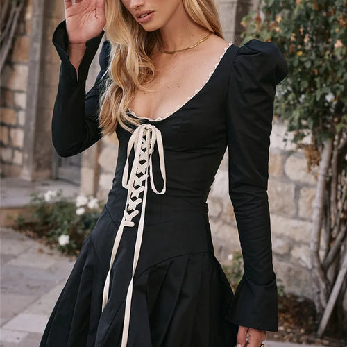 Load image into Gallery viewer, Lace Bandage Puff Sleeve Mini Dress For Women 2023 Autumn Winter New Square Collar Ruched Dress Vintage Elegant
