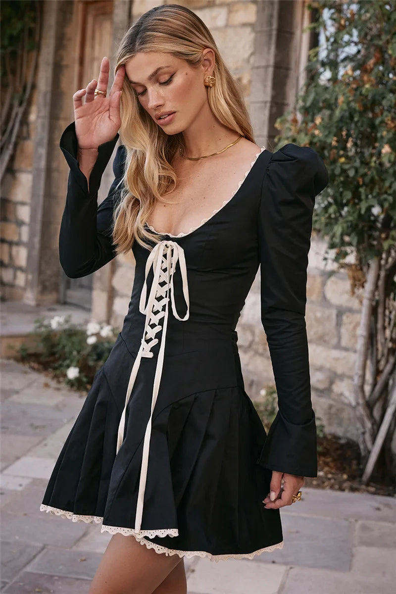 Lace Bandage Puff Sleeve Mini Dress For Women 2023 Autumn Winter New Square Collar Ruched Dress Vintage Elegant