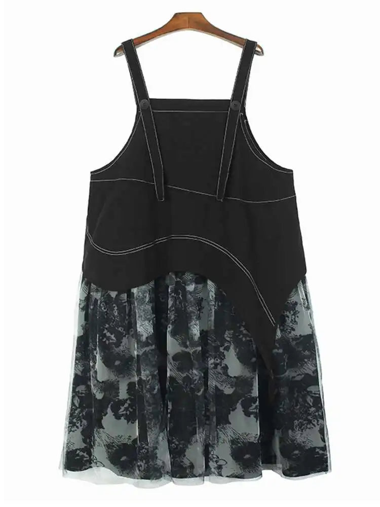 Women Black Topstitched Mesh Big Size Strap Dress New Square Collar Sleeveless Fashion Tide Spring Autumn 2025  1DH6192