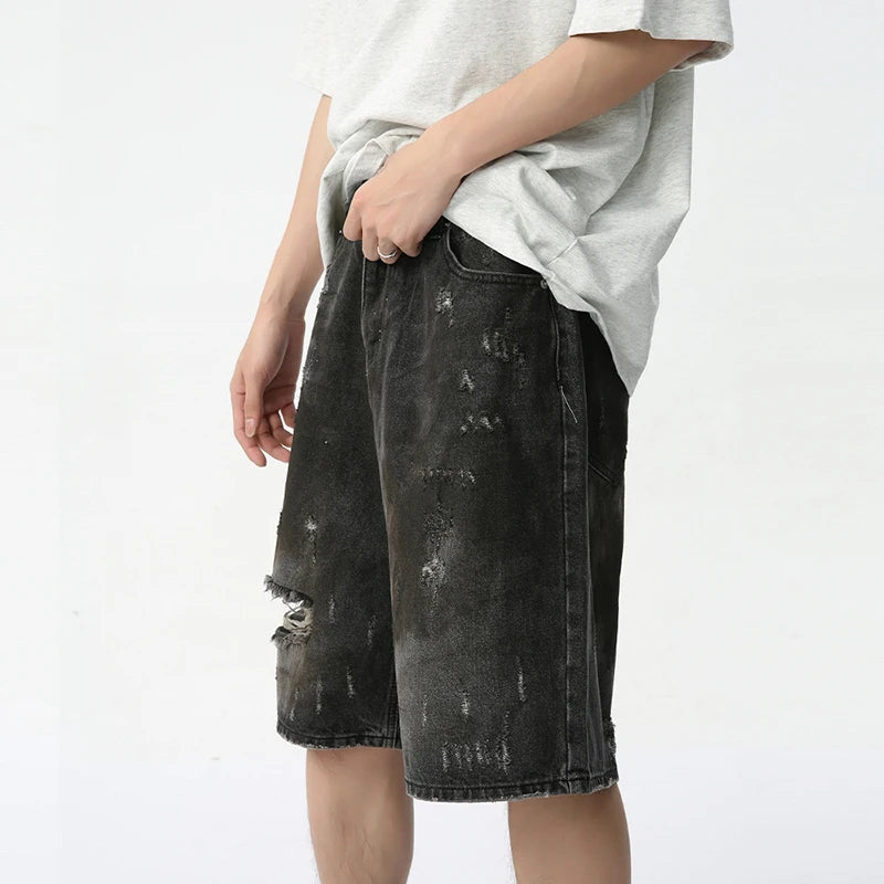 High Street Hole Distressed Denim Shorts Men Hip-hop Style Loose Knee-length Jeans Summer Trendy Men's Wear 9C6176