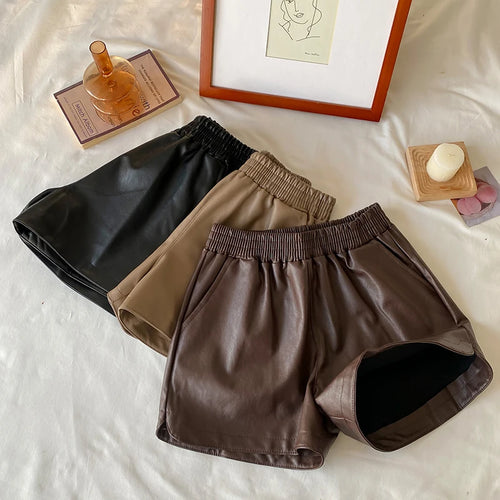 Load image into Gallery viewer, Korean Version Women Elastic High Waist New Black Pu Leather Short Pants Fashion Brown Wide Leg Shorts Autumn Winter Versatile
