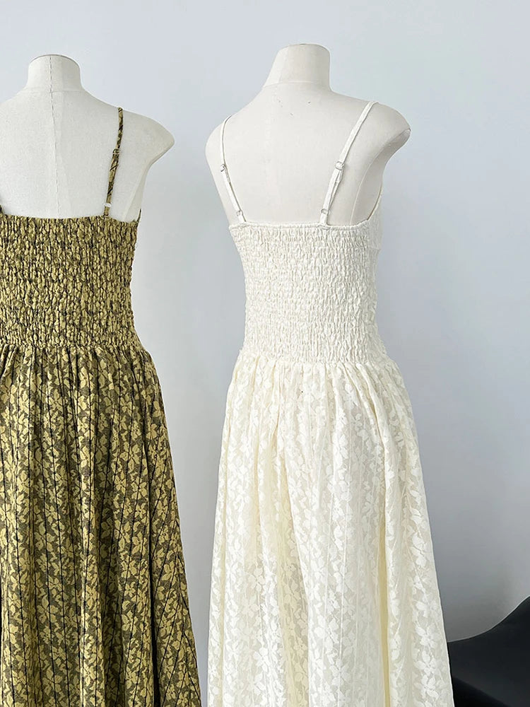 Women Green Printed Bandage Long Spaghetti Strap Dress New V-Neck Sleeveless Fashion Tide Spring Summer 2025 1DJ1311