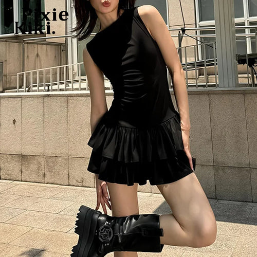 Load image into Gallery viewer, Y2k Sexy Sleeveless Mini Dresses Women 2024 Hollow Out Lace Up Backless Tiered Dress Black Club Outfits P33-CZ29
