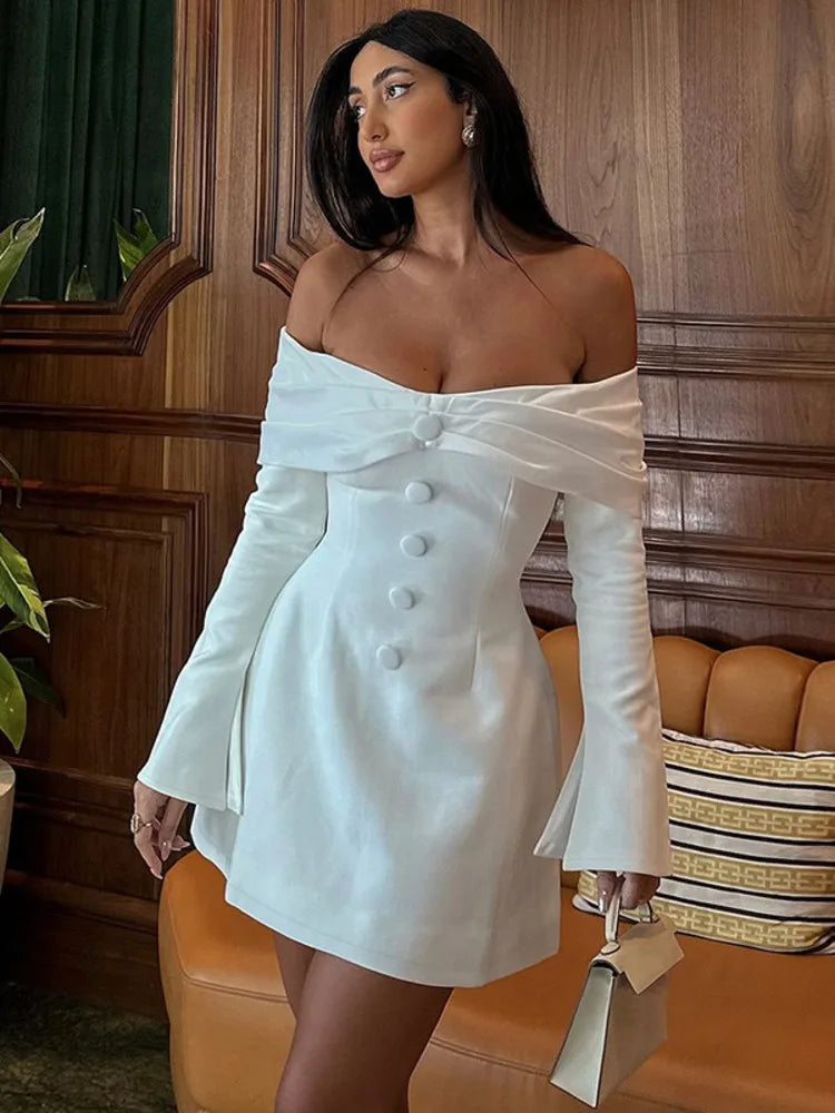 Off-shoulder Long Flare Sleeve Sexy Mini Blazer Dress For Women Autumn Winter New Strapless Backless Elegant Dress
