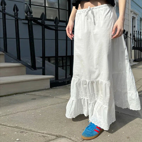 Load image into Gallery viewer, Holidays Streetwear White Maxi Skirt Summer Jacquard Lace Trim Korean Fashion Beach Women Skirt Long French Clothing
