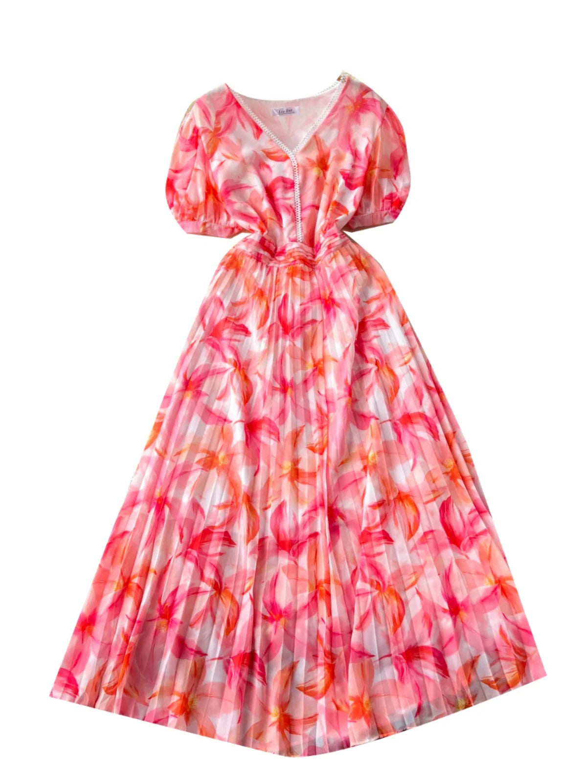 French Retro Romantic Women's Elegant Print V-neck Short Sleeved Pleated Long Dress Summer Vacation Party Evening Dress Bohemian