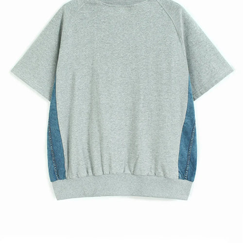 Load image into Gallery viewer, Women Gray Denim Color-block Big Size Casual T-shirt New Round Neck Short Sleeve Fashion Tide Spring Summer 2025 1DJ1584
