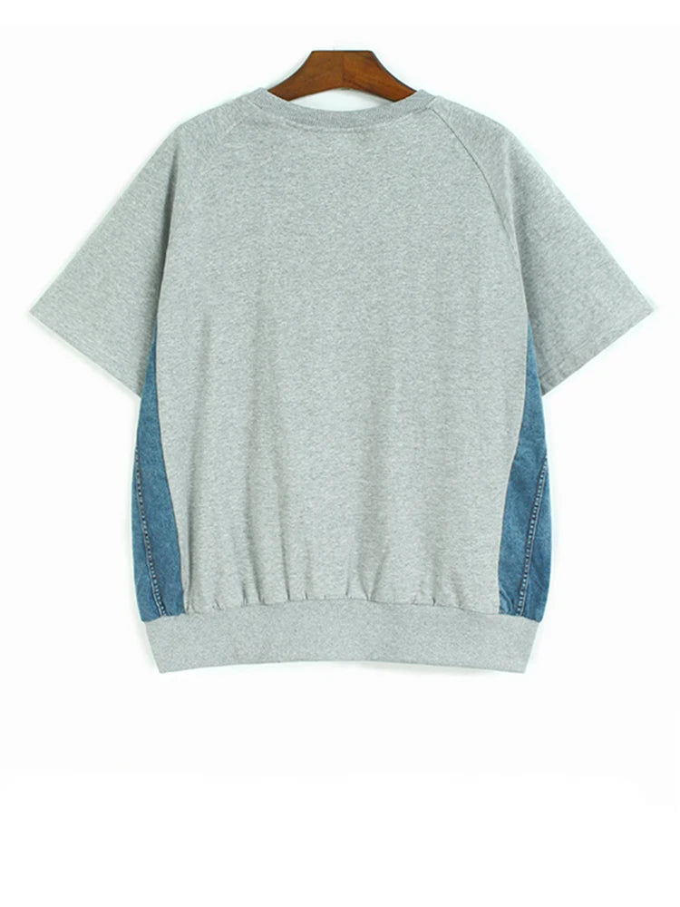 Women Gray Denim Color-block Big Size Casual T-shirt New Round Neck Short Sleeve Fashion Tide Spring Summer 2025 1DJ1584