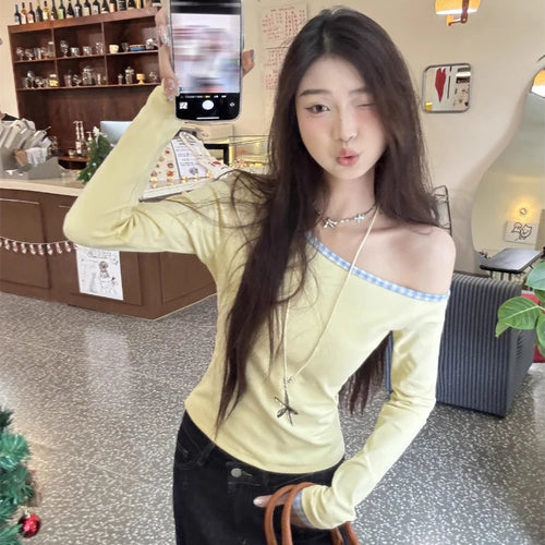 Load image into Gallery viewer, Women Streetwear Vintage Plaid Patchwork Tees Y2k Aesthetic Skew Collar Casual Loose T Shirts Spring Harajuku Grunge Crop Tops
